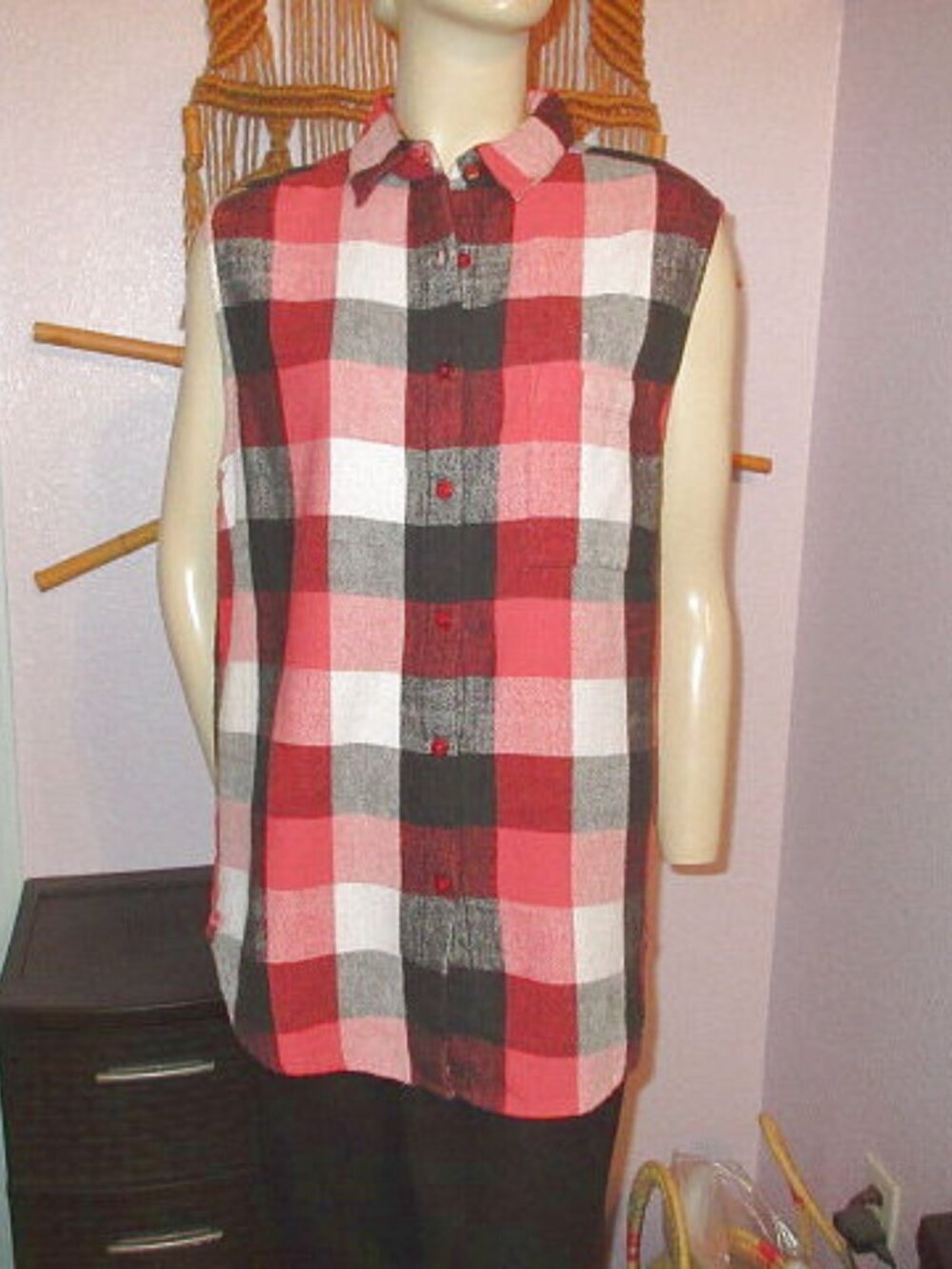 Vtg Free People Buffalo Plaid Flannel Shirt Size L Button Up Sleeveless Western